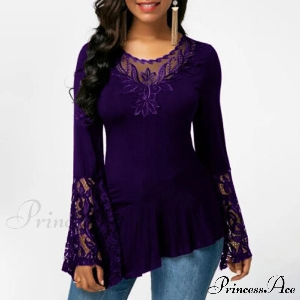 Women Casual Irregular T-shirt with Long-sleeved Lace Stitching Plus Size Shirts Purple __stock:50 clothes refund_fee:800 tops