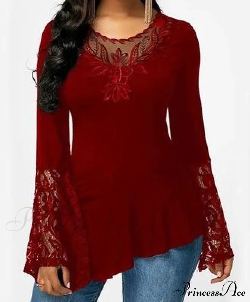 Women Casual Irregular T-shirt with Long-sleeved Lace Stitching Plus Size Shirts Red __stock:50 clothes refund_fee:800 tops