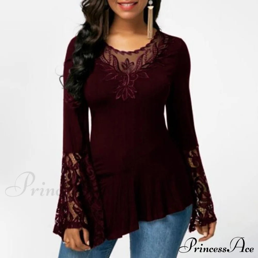 Women Casual Irregular T-shirt with Long-sleeved Lace Stitching Plus Size Shirts Wine Red __stock:50 clothes refund_fee:800 tops