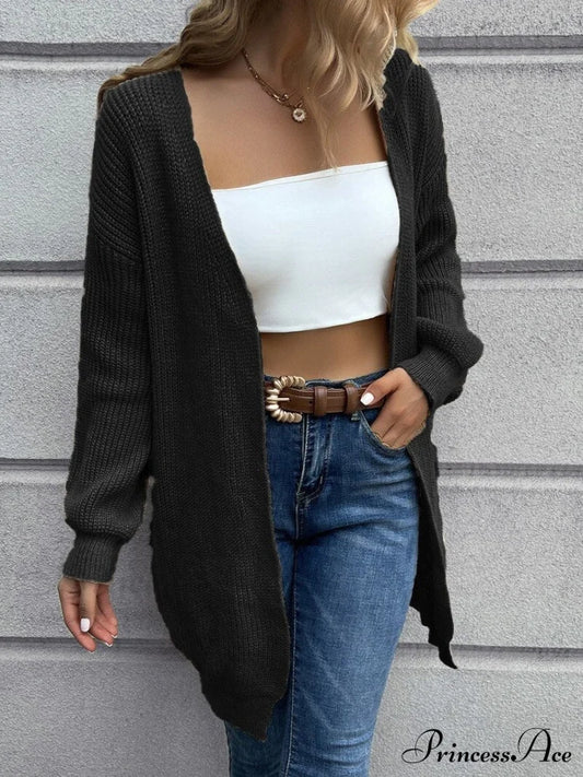 Casual Long Knitted Cardigan Women V-Neck Sweater Black-Short / M