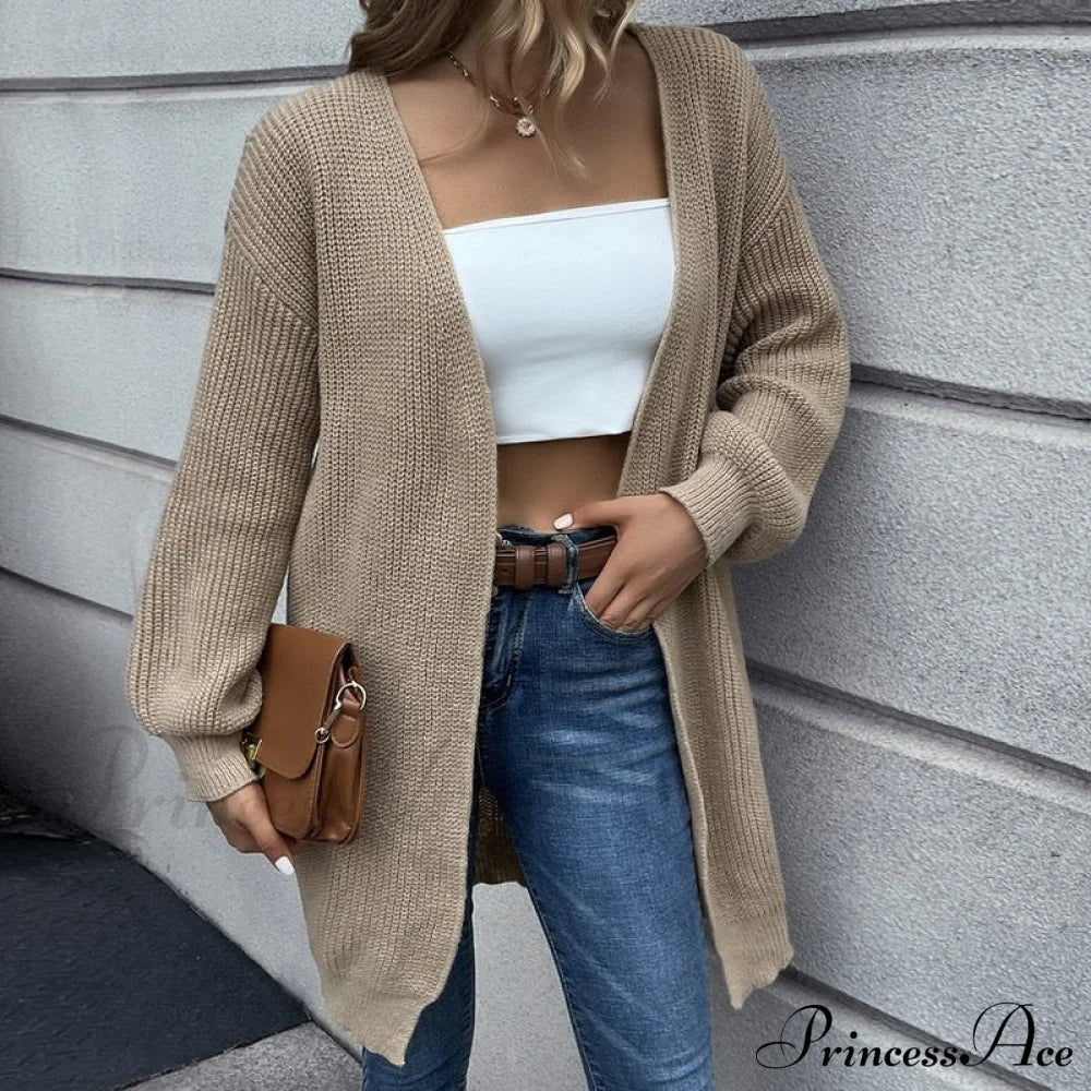 Casual Long Knitted Cardigan Women V-Neck Sweater Khaki-Short / M