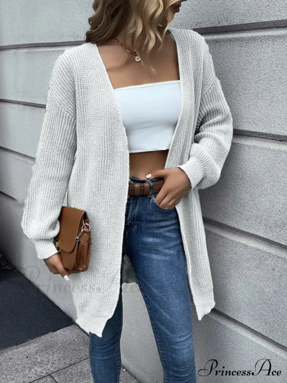 Casual Long Knitted Cardigan Women V-Neck Sweater White-Short / M