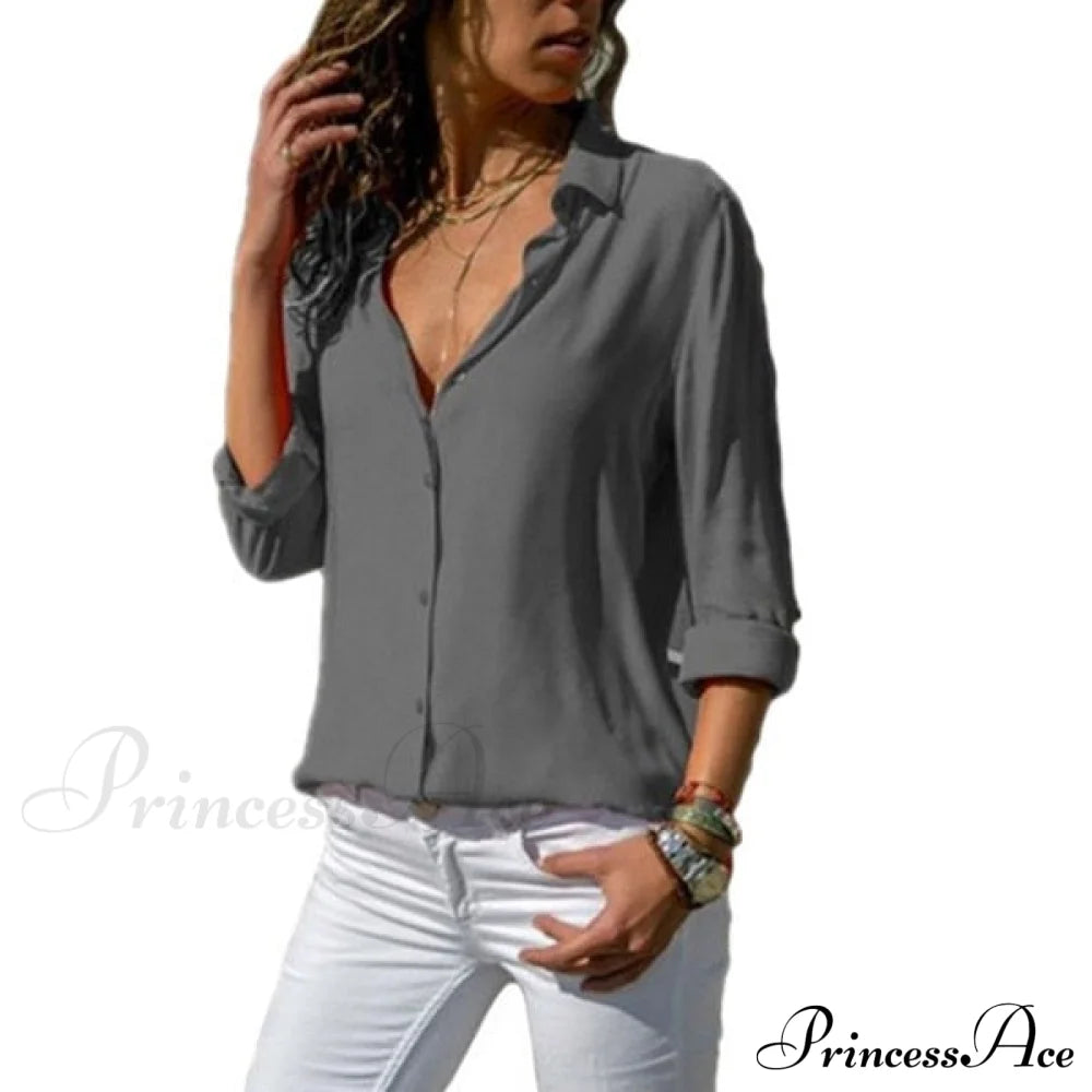 Casual Long Sleeve Elegant Shirt Gray / S