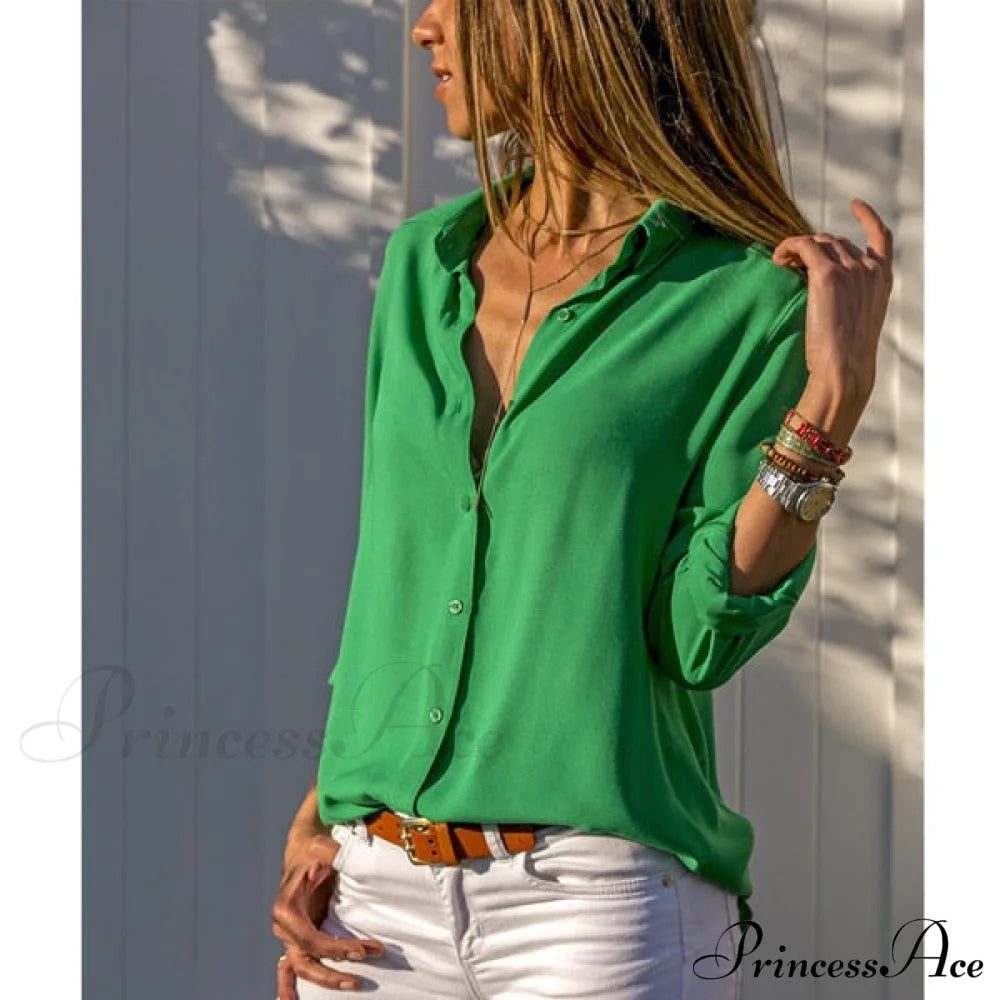 Casual Long Sleeve Elegant Shirt Green / S