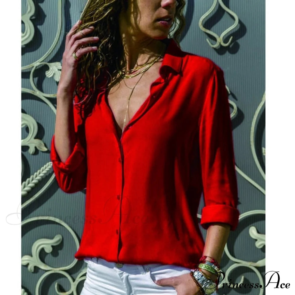 Casual Long Sleeve Elegant Shirt Red / S