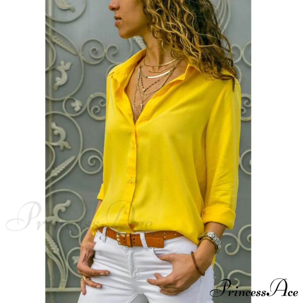 Casual Long Sleeve Elegant Shirt Yellow / S