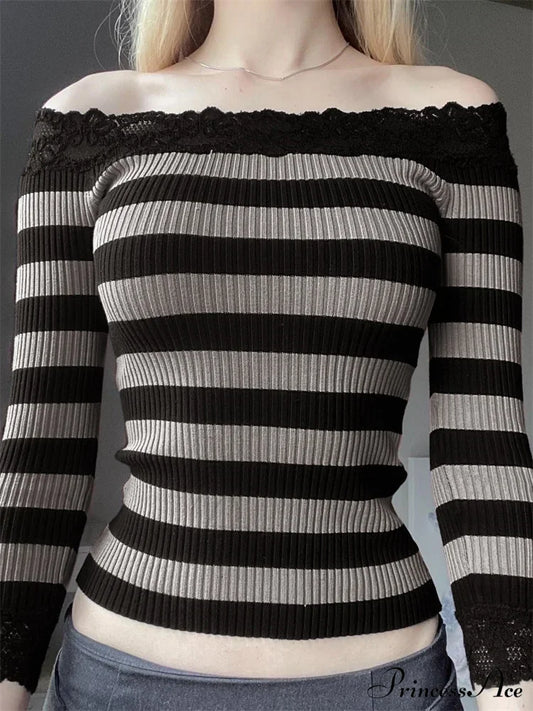 Casual Long Sleeve Retro Striped Off-Shoulder T-Shirts Black / S Sweaters-L