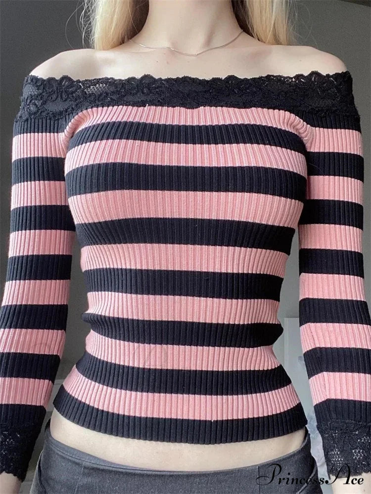 Casual Long Sleeve Retro Striped Off-Shoulder T-Shirts Pink / S Sweaters-L