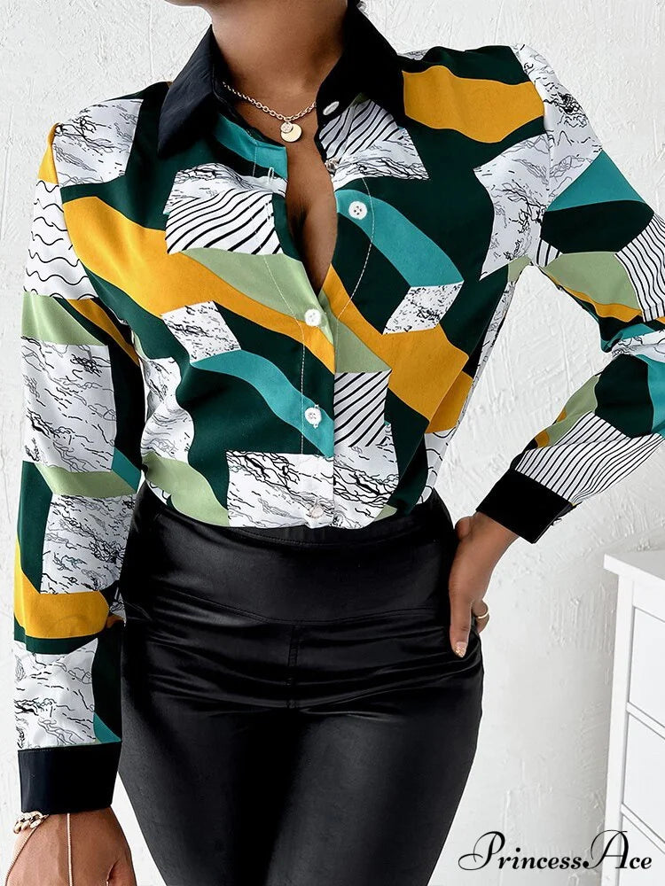 Casual Long Sleeve Striped Office Lady Shirt Green / S