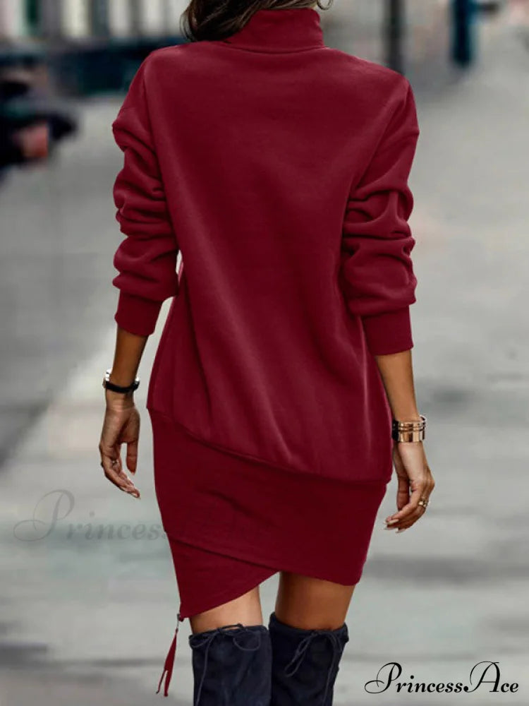 Casual Long Sleeves Loose Solid Color Sophisticated Textured High-Neck Cotton Padded Midi Dresses