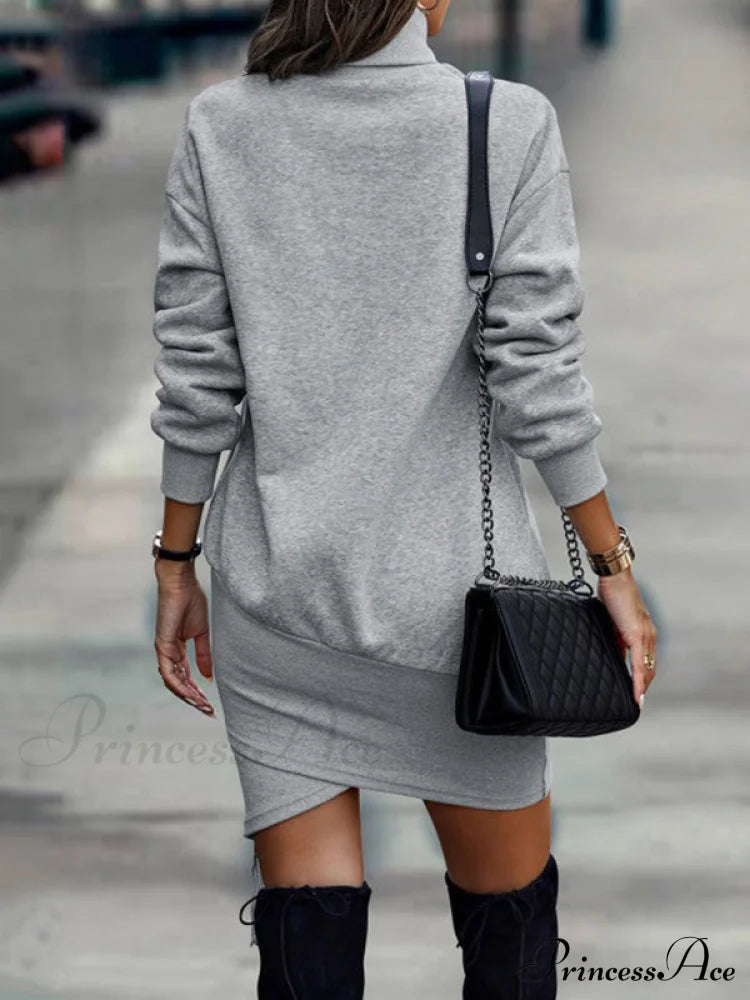 Casual Long Sleeves Loose Solid Color Sophisticated Textured High-Neck Cotton Padded Midi Dresses