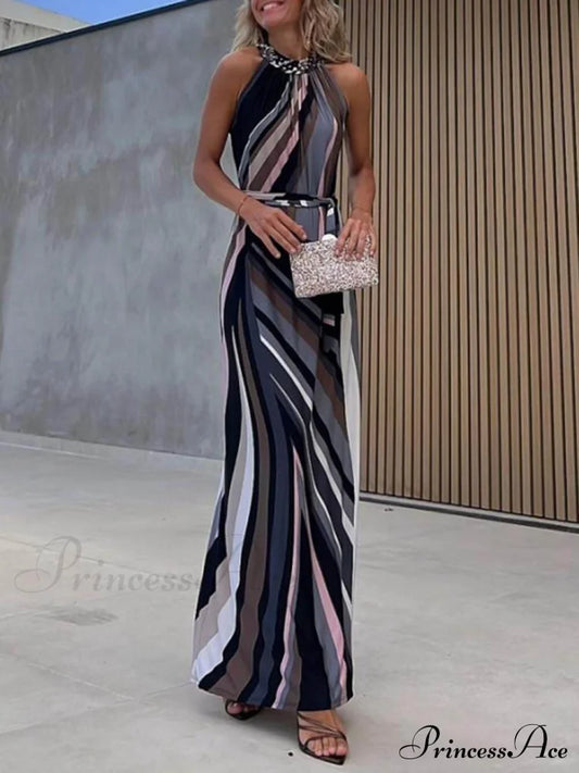 Casual Loose Halterneck Striped Graceful Gradient Print Maxi Dress Dresses