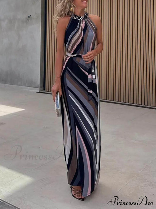 Casual Loose Halterneck Striped Graceful Gradient Print Maxi Dress Multicolor / S Dresses