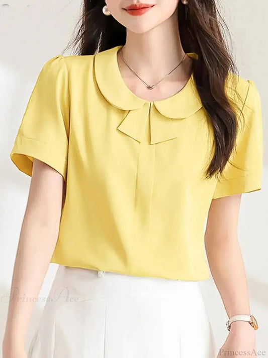 Casual Loose Lapel Solid Color Short Sleeve Blouse Yellow / S blouse-250126