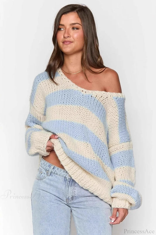 Casual Loose Off-Shoulder Striped Sweet Sweater Blue / S