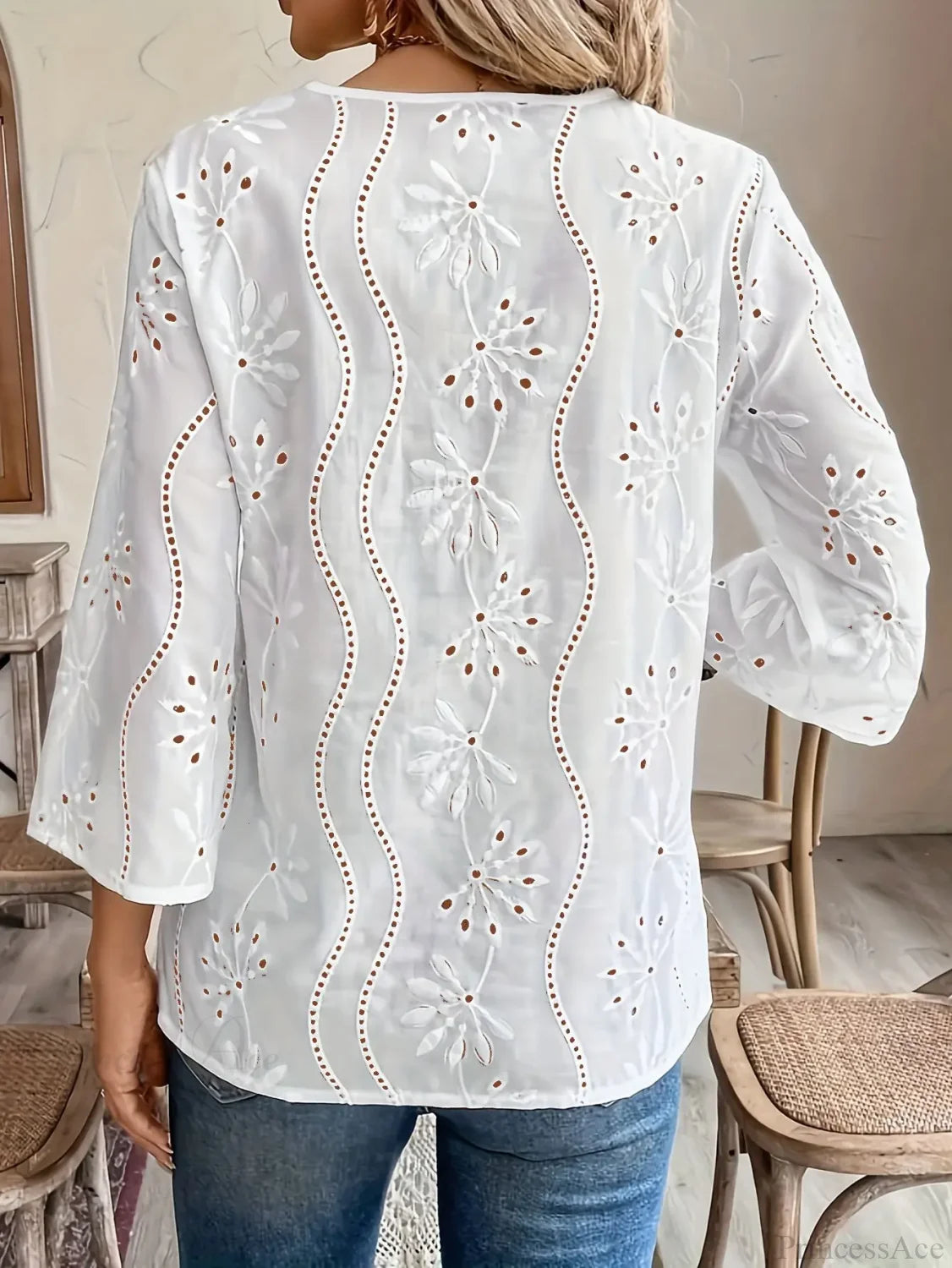 Casual Loose V-neck Lace Splicing White Blouse blouse-250126