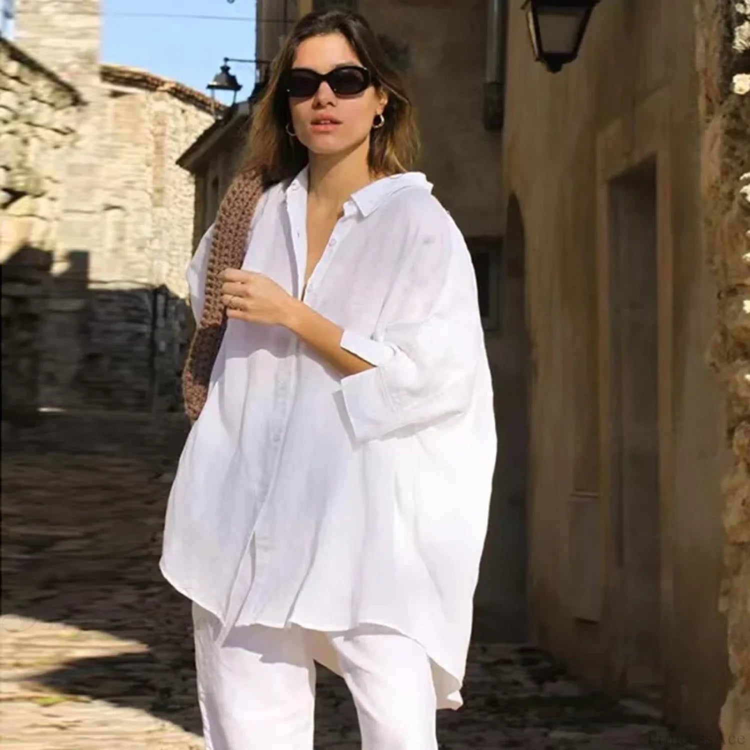 Casual Loose White Button-up Half Sleeve Blouse WHITE / M blouse-250126