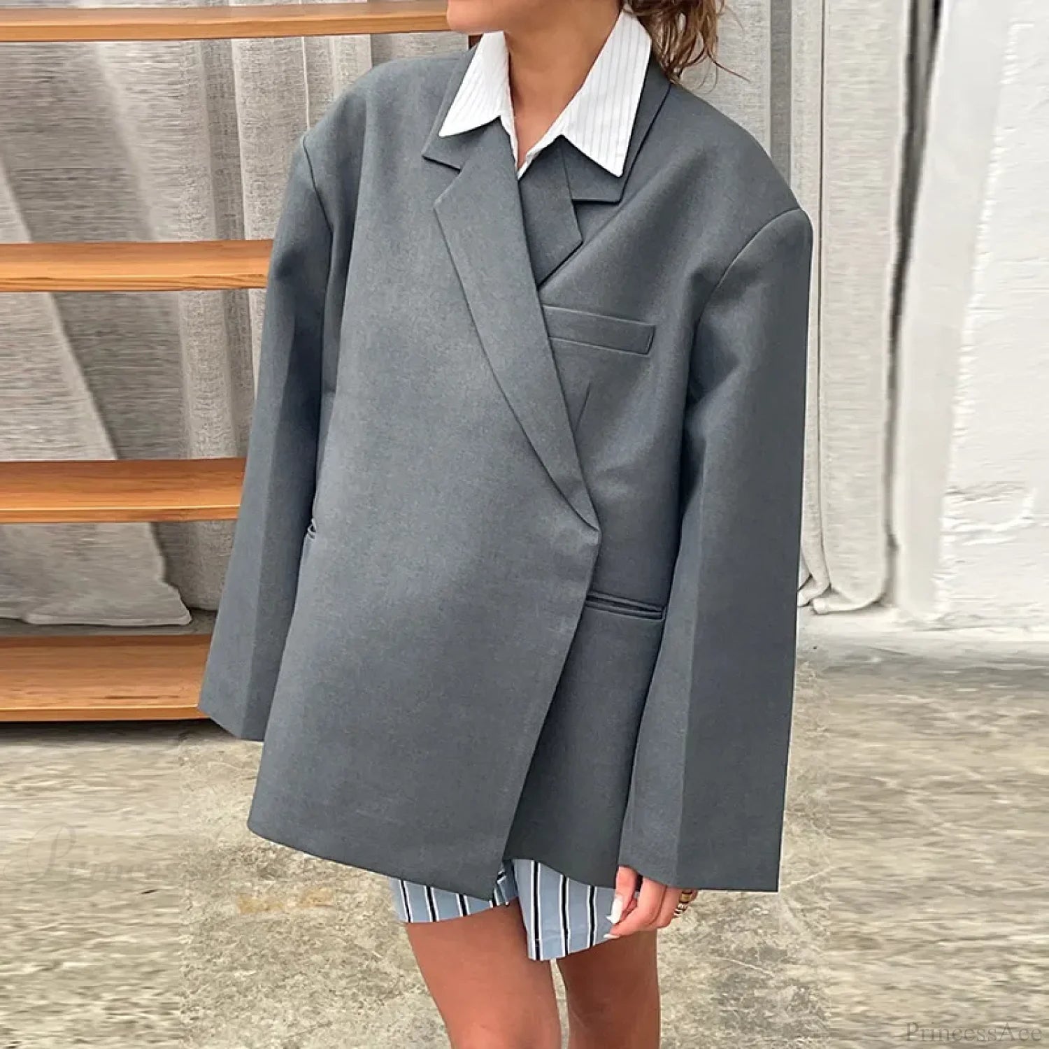 Casual Oversized Luxury One Button Notched Slit Shoulder Pads Blazer Grey / S