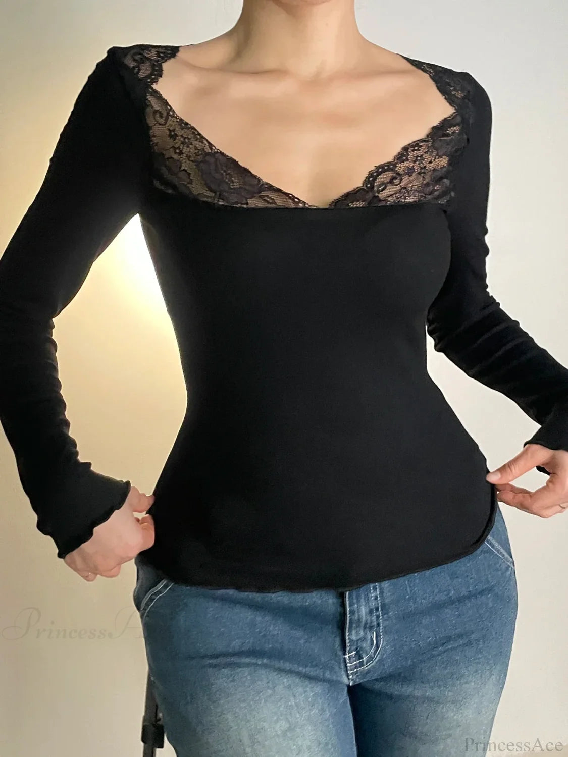 Casual Patchwork Lace Slim V-Neck Long Sleeve Knit Top knittop-250126