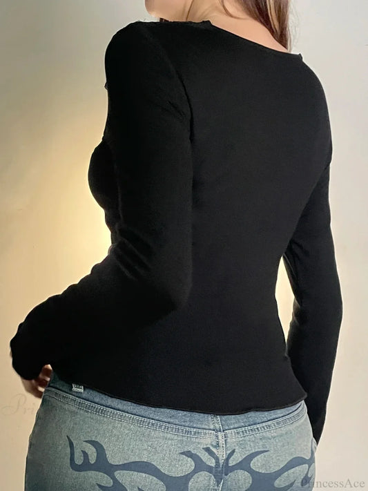 Casual Patchwork Lace Slim V-Neck Long Sleeve Knit Top knittop-250126