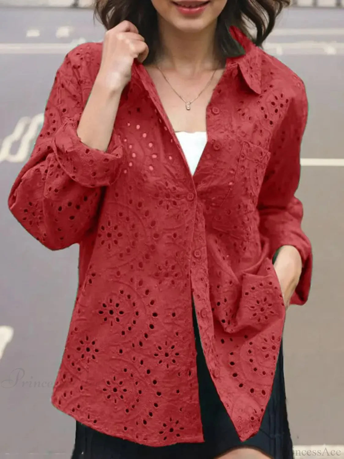 Casual Patchwork Turn-down Collar Embroidered Blouse blouse-250126