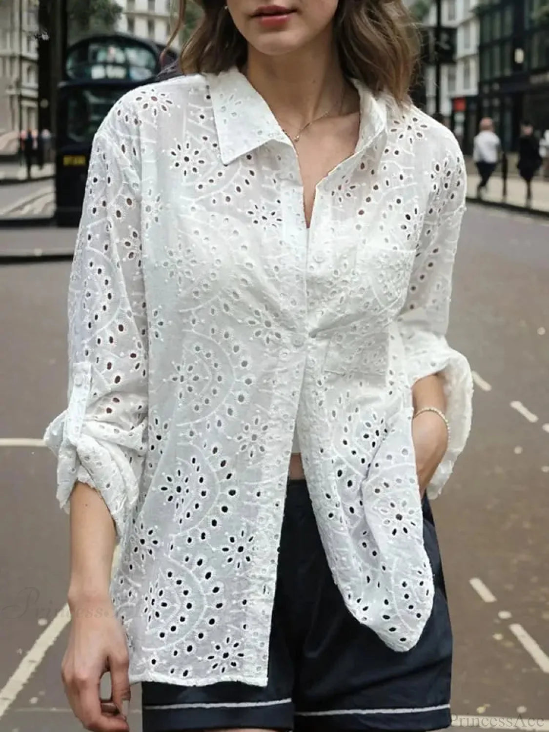 Casual Patchwork Turn-down Collar Embroidered Blouse WHITE / S blouse-250126