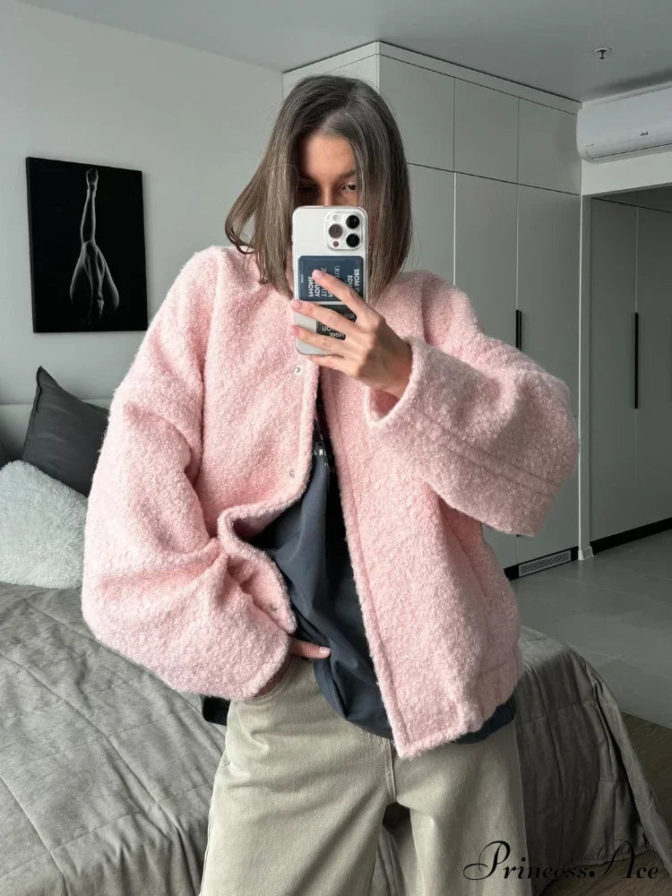 Casual Pink Loose Bomber Autumn Chic Single Breasted Stand Collar Long Sleeve Stylish Coat Coats-L