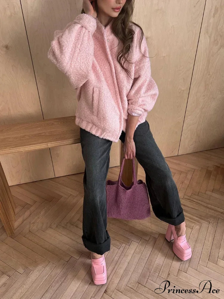 Casual Pink Loose Bomber Autumn Chic Single Breasted Stand Collar Long Sleeve Stylish Coat Coats-L