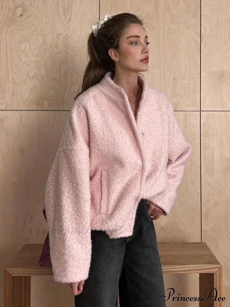 Casual Pink Loose Bomber Autumn Chic Single Breasted Stand Collar Long Sleeve Stylish Coat Coats-L