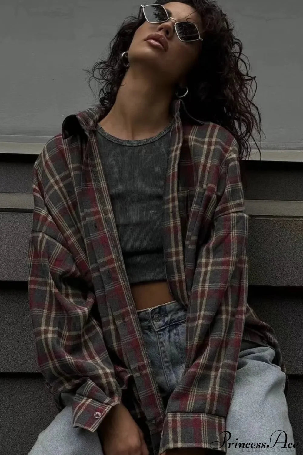 Casual Plaid Lapel Shirt Blouse Reddish / S