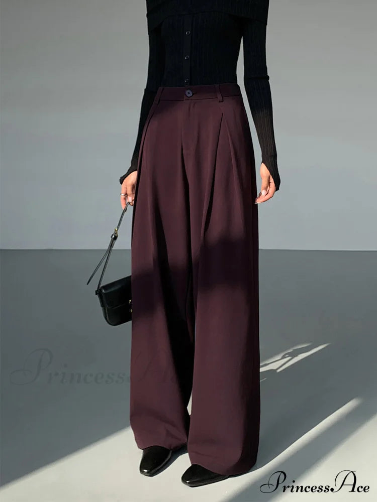 Casual Pleated Graceful Wide Leg Pants Burgundy / Xs