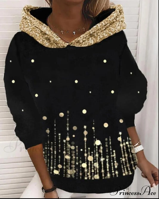 Casual Polka Dot Print Contrast Sequins Long Sleeve Hoodie Black 01 / S Sweatshirts & Hoodies-L