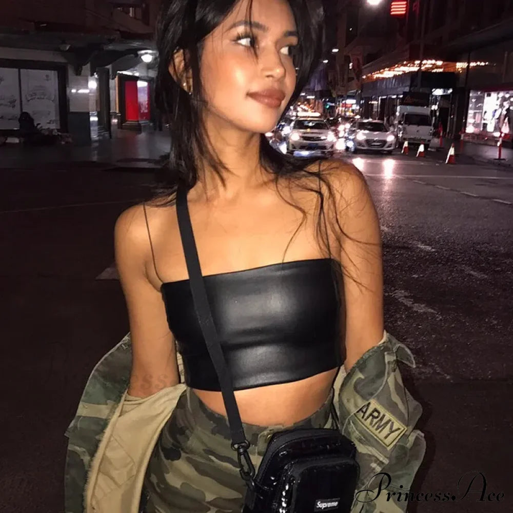 Casual Pu Leather Soild Slash Neck Chic Black Camis Crop Top