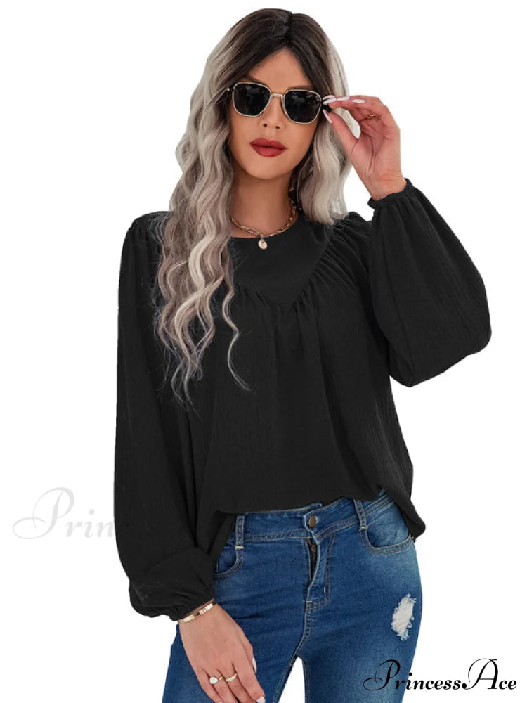 Casual Pullover Long Neck Color With Sleeves Loose Solid Women’s Round Shirt