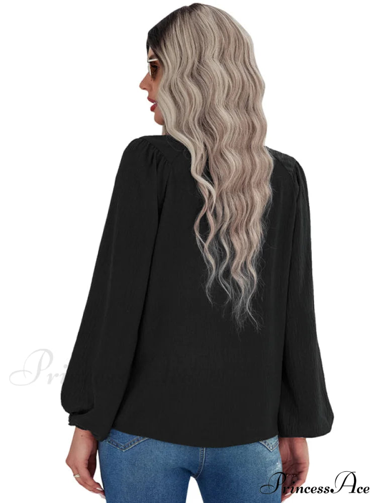 Casual Pullover Long Neck Color With Sleeves Loose Solid Women’s Round Shirt