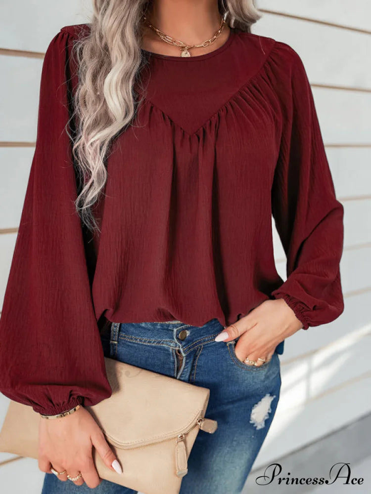 Casual Pullover Long Neck Color With Sleeves Loose Solid Women’s Round Shirt