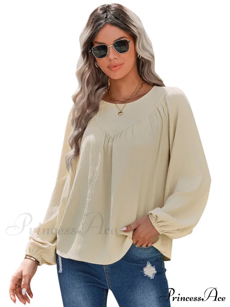 Casual Pullover Long Neck Color With Sleeves Loose Solid Women’s Round Shirt