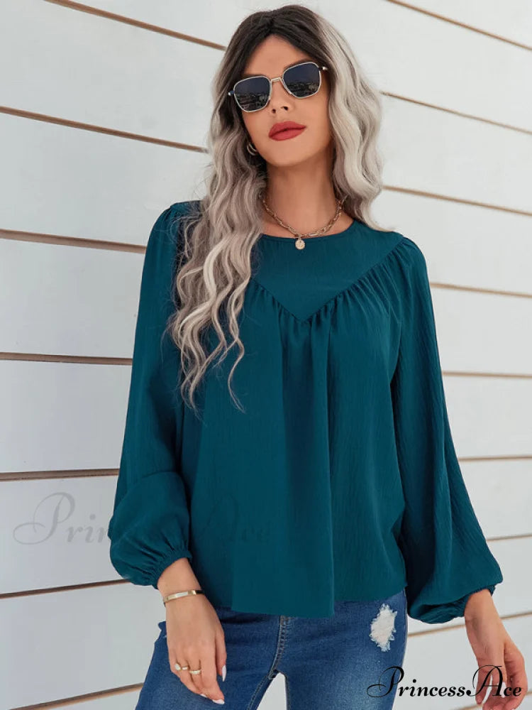 Casual Pullover Long Neck Color With Sleeves Loose Solid Women’s Round Shirt