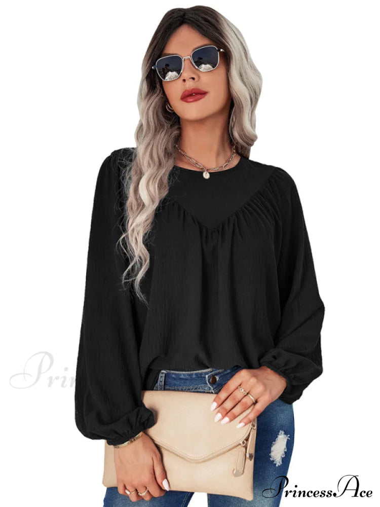 Casual Pullover Long Neck Color With Sleeves Loose Solid Women’s Round Shirt