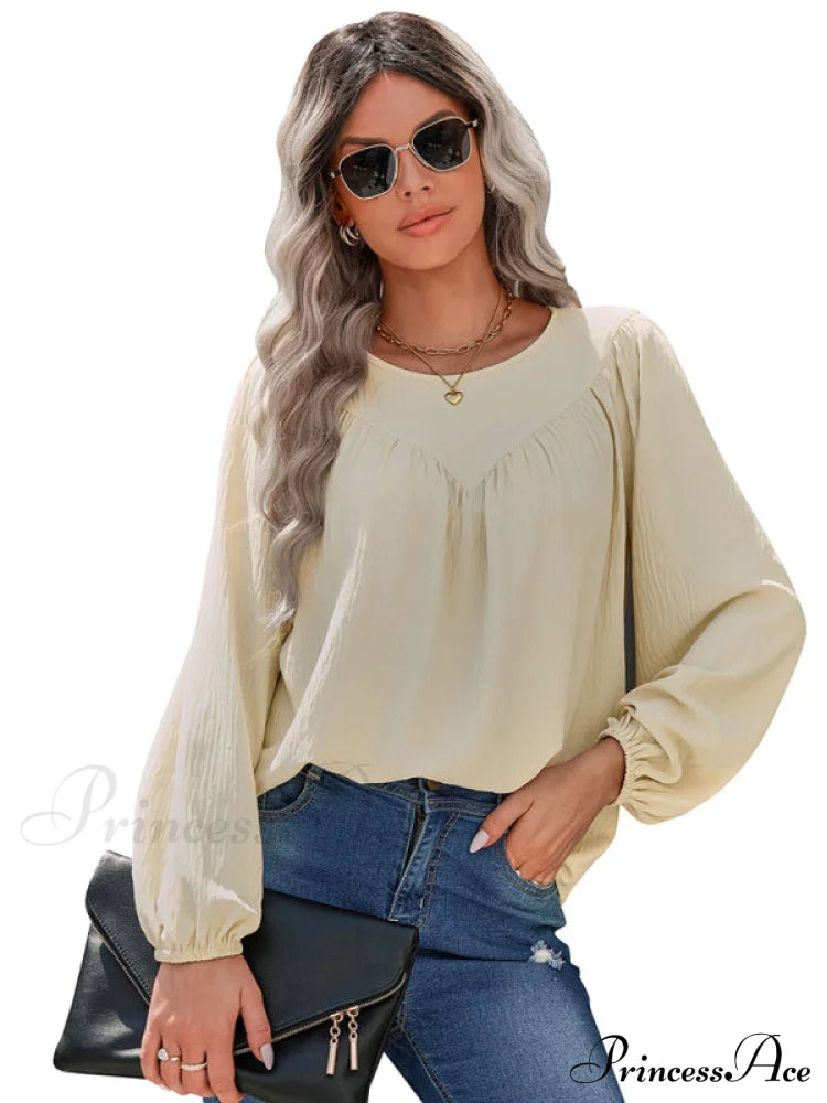 Casual Pullover Long Neck Color With Sleeves Loose Solid Women’s Round Shirt