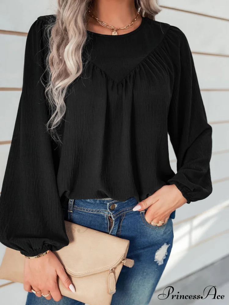 Casual Pullover Long Neck Color With Sleeves Loose Solid Women’s Round Shirt