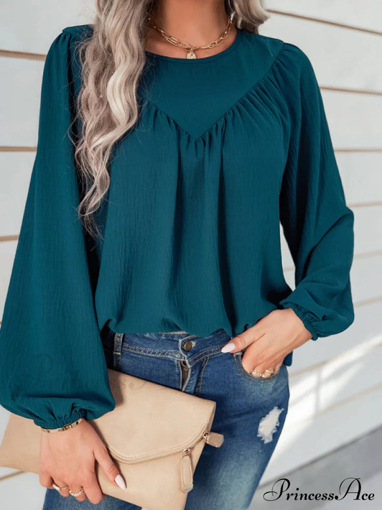 Casual Pullover Long Neck Color With Sleeves Loose Solid Women’s Round Shirt