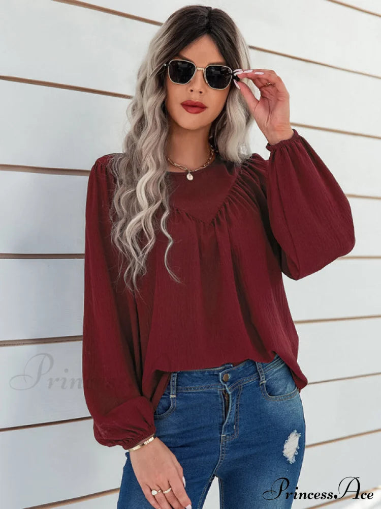 Casual Pullover Long Neck Color With Sleeves Loose Solid Women’s Round Shirt