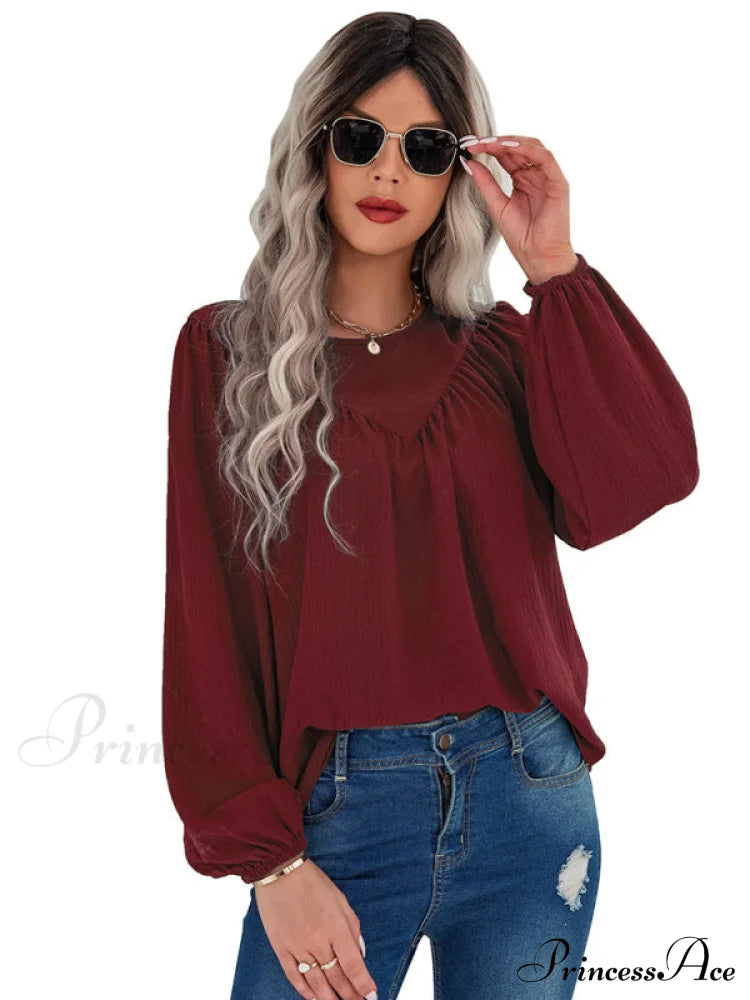 Casual Pullover Long Neck Color With Sleeves Loose Solid Women’s Round Shirt