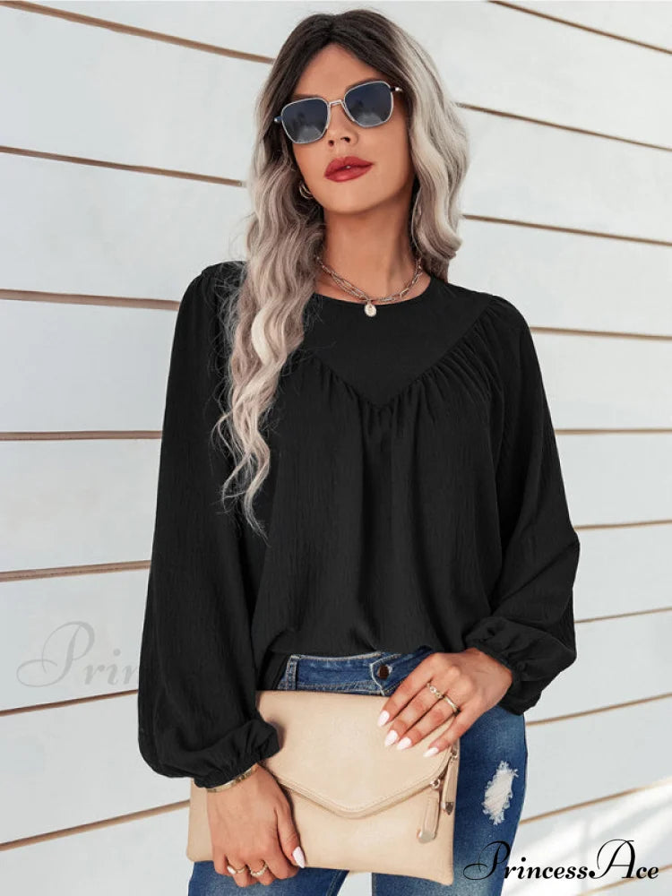 Women's casual loose round neck solid color pullover Long Sleeve Casual shirt Black clothes long sleeve shirt long sleeve shirts long sleeve tops shirt shirts tops Tops/Blouses