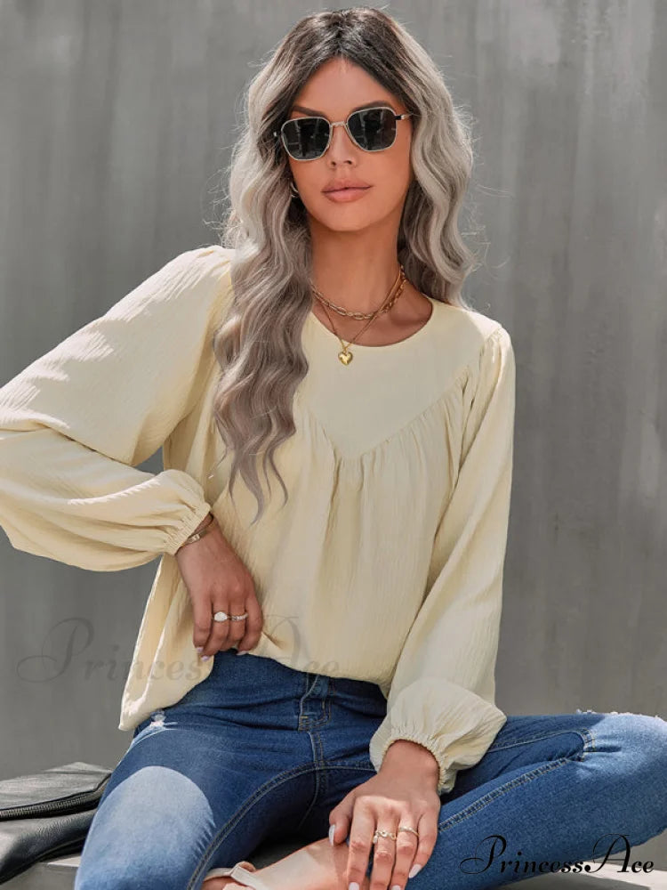 Women's casual loose round neck solid color pullover Long Sleeve Casual shirt Cracker khaki clothes long sleeve shirt long sleeve shirts long sleeve tops shirt shirts tops Tops/Blouses