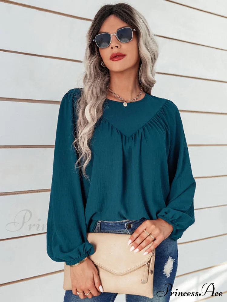 Women's casual loose round neck solid color pullover Long Sleeve Casual shirt Royal blue clothes long sleeve shirt long sleeve shirts long sleeve tops shirt shirts tops Tops/Blouses