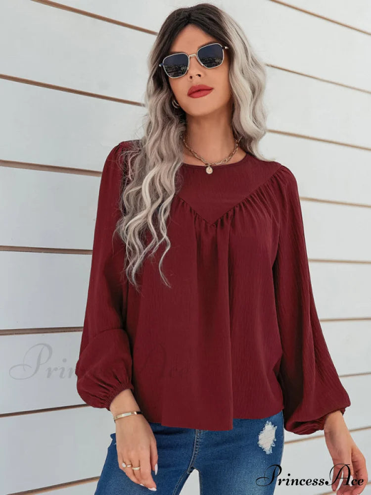 Women's casual loose round neck solid color pullover Long Sleeve Casual shirt Wine Red clothes long sleeve shirt long sleeve shirts long sleeve tops shirt shirts tops Tops/Blouses