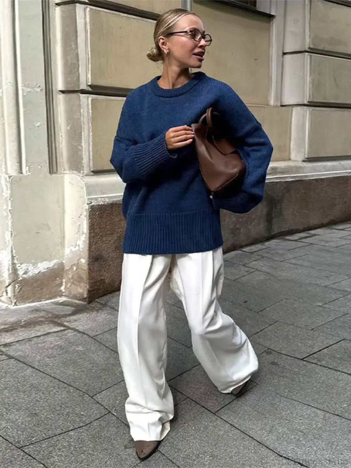 Casual Retro Long Sleeve Sweater Blue / S