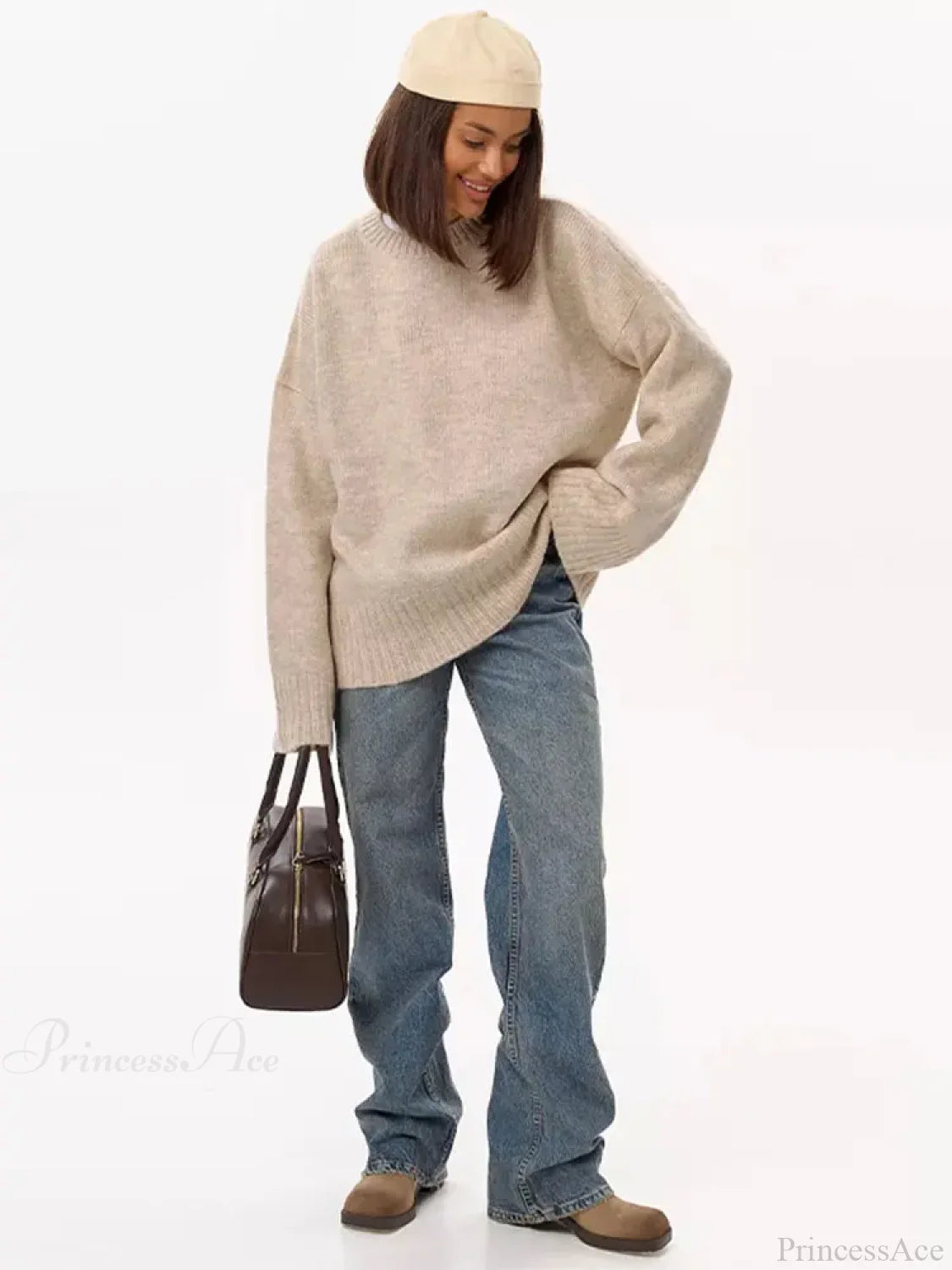 Casual Retro Long Sleeve Sweater Khaki / S